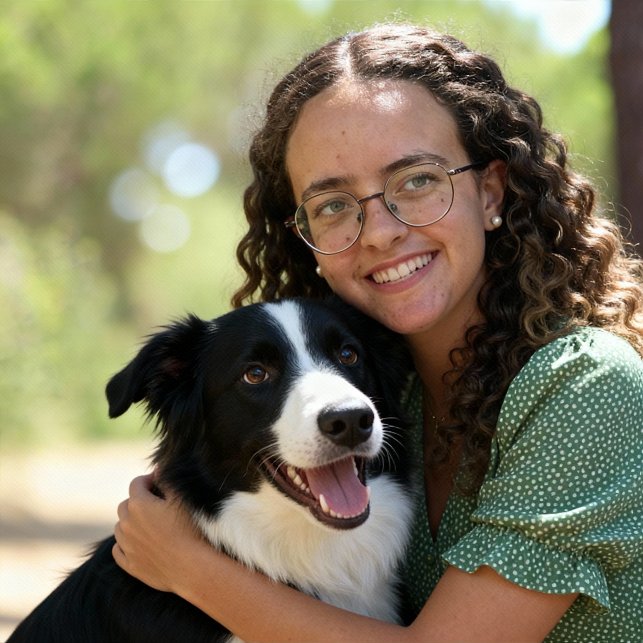 Giuliana sorrindo e abraçando um cachorro da raça Border Collie